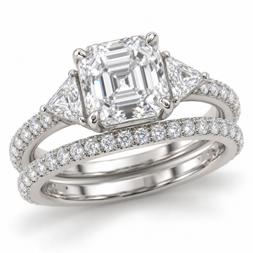 Asscher Three-Stone bridal set in 14K white gold — illustrative render