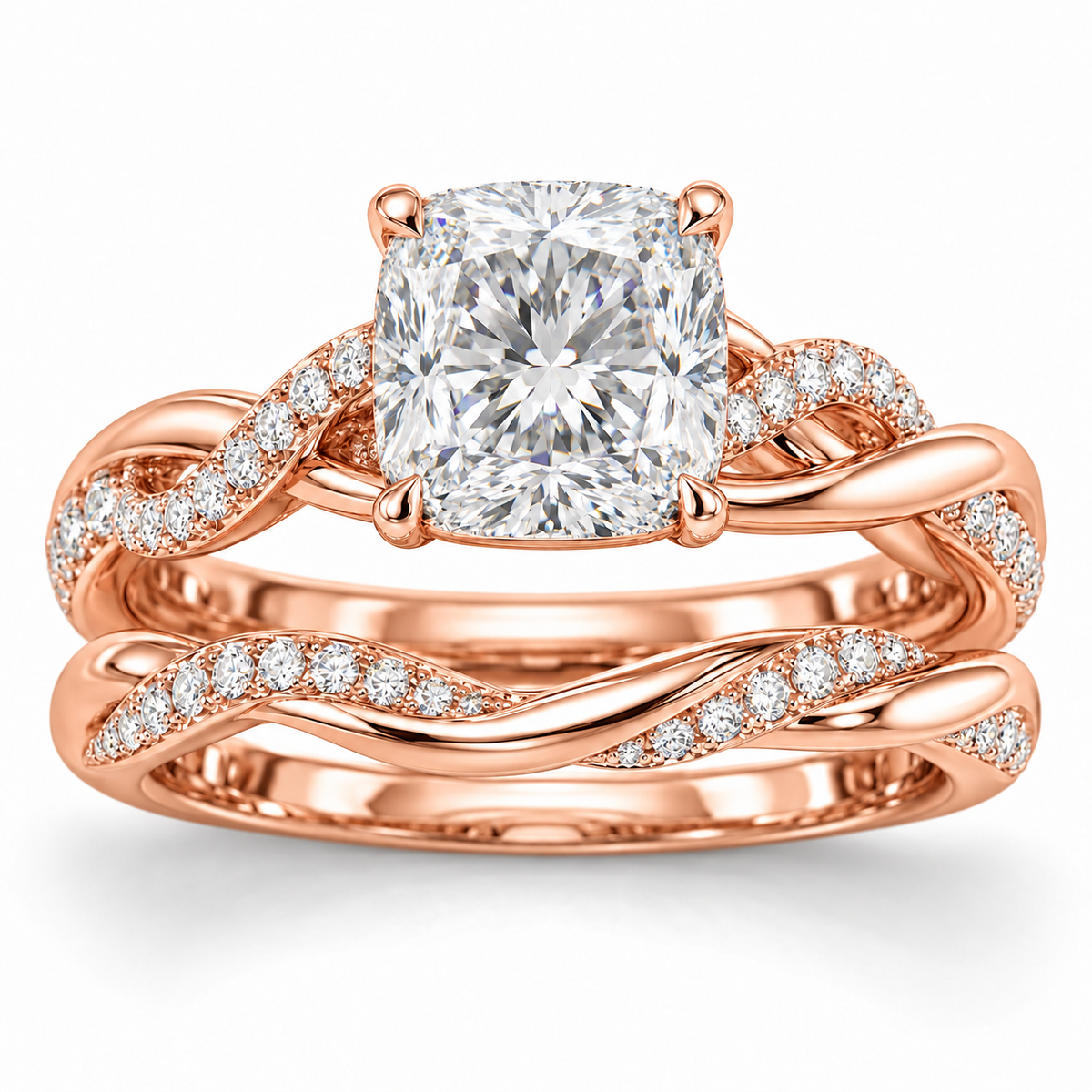 Cushion Woven bridal set in 14K rose gold — illustrative render
