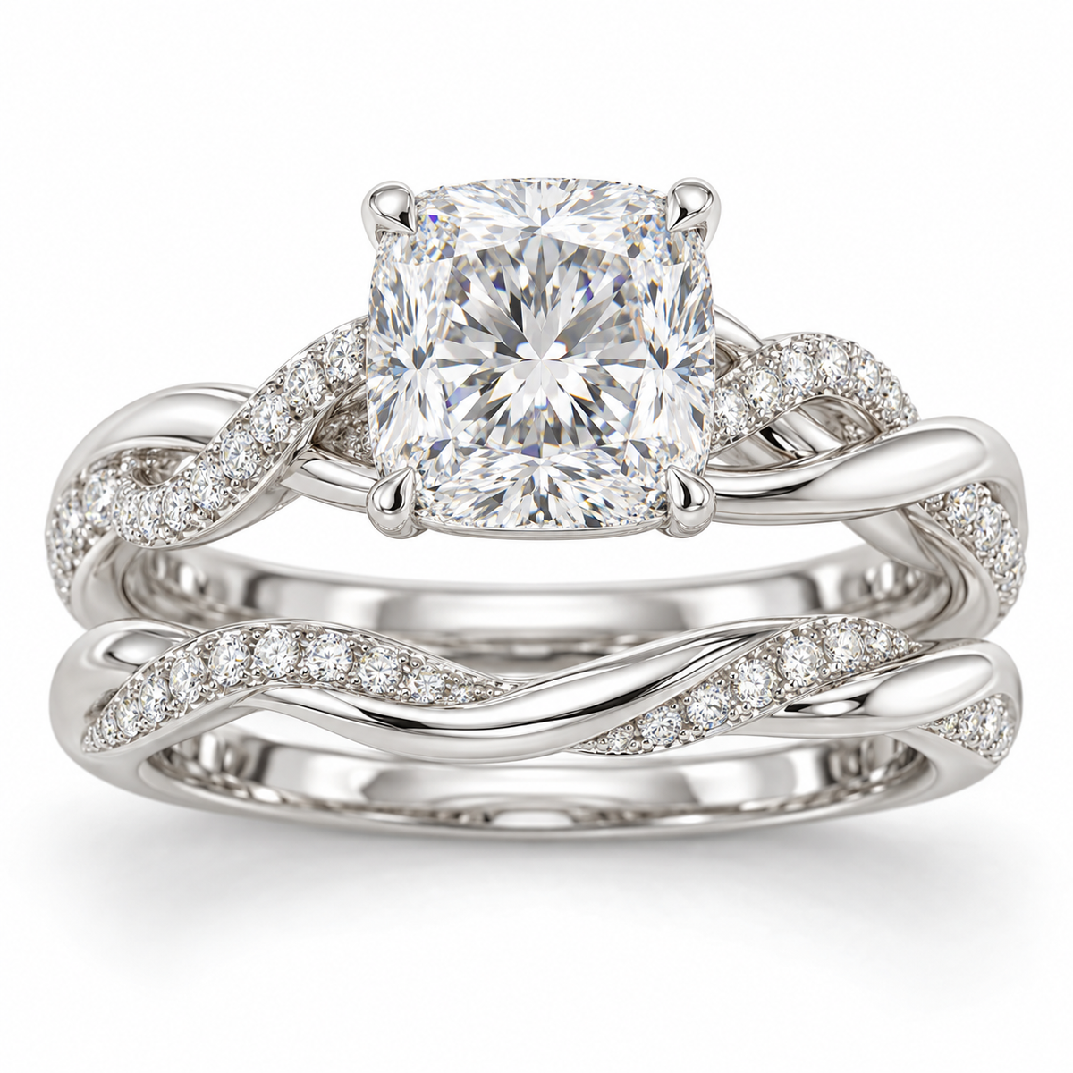 Cushion Woven bridal set in 14K white gold — illustrative render