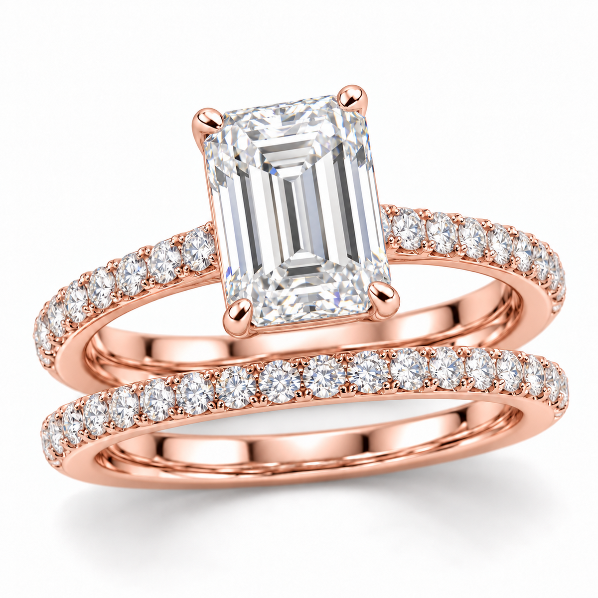 Emerald Double Band bridal set in 14K rose gold — illustrative render