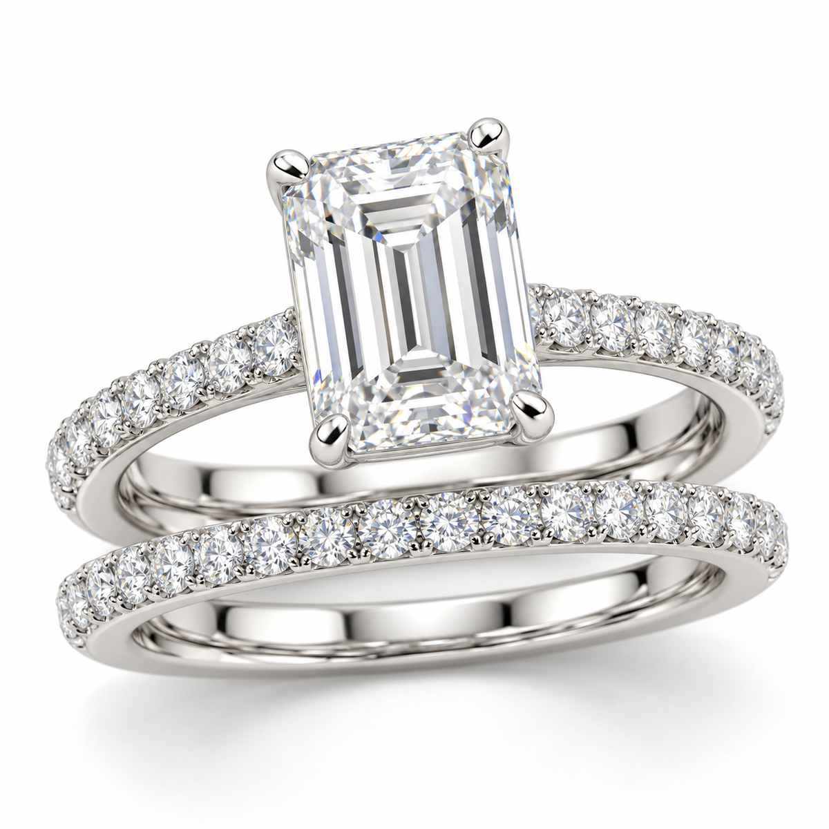 Emerald Double Band bridal set in 14K white gold — illustrative render