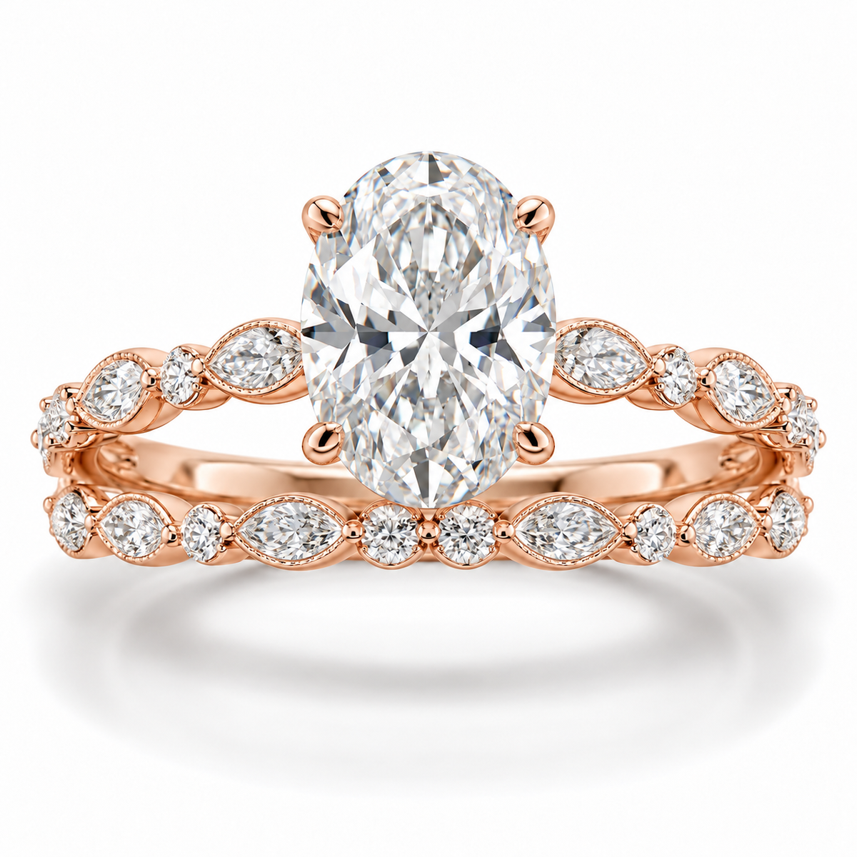 Oval Botanical bridal set in 14K rose gold — illustrative render