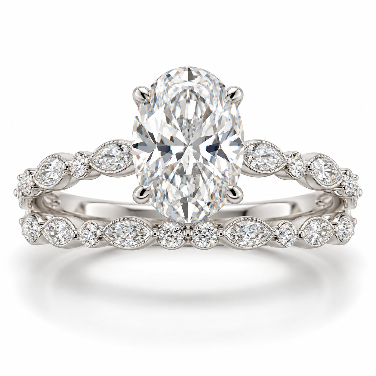 Oval Botanical bridal set in 14K white gold — illustrative render