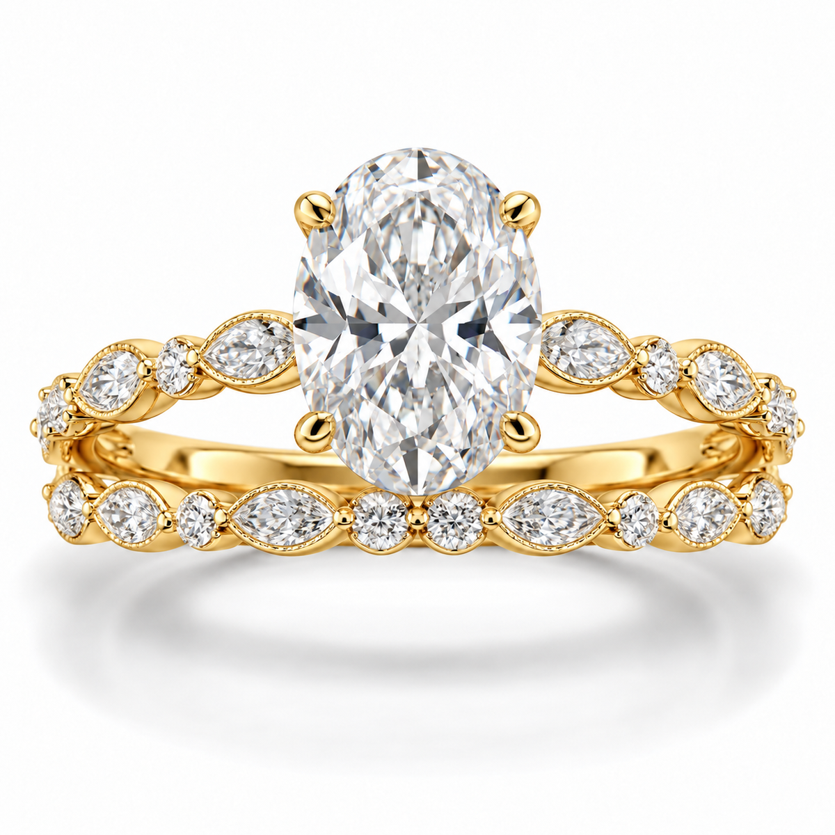 Oval Botanical bridal set in 14K yellow gold — illustrative render