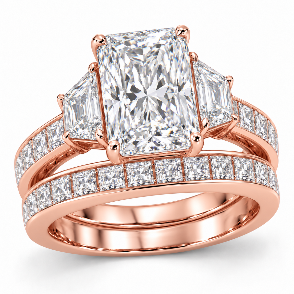 Radiant Architectural bridal set in 14K rose gold — illustrative render