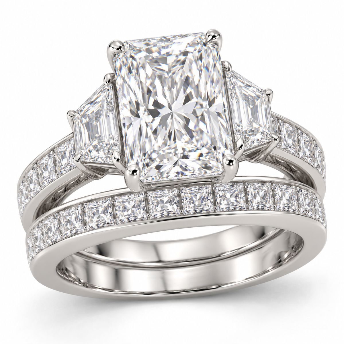 Radiant Architectural bridal set in 14K white gold — illustrative render