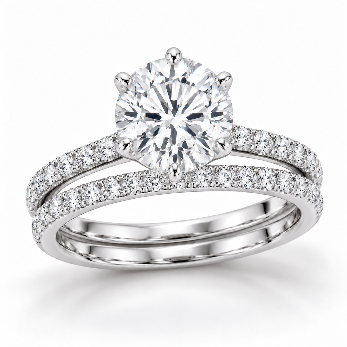 Round Double Band bridal set in 14K white gold — illustrative render