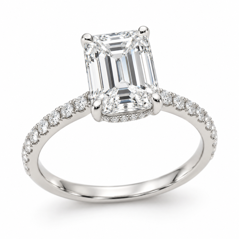 Illustrative render — Emerald Hidden Halo Lab-Grown Diamond Engagement Ring — main view