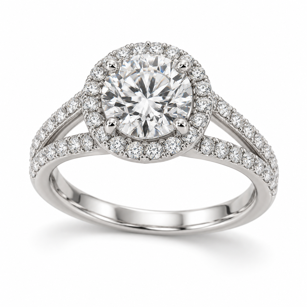Illustrative render — Round Split Shank Halo Lab-Grown Diamond Engagement Ring — main view