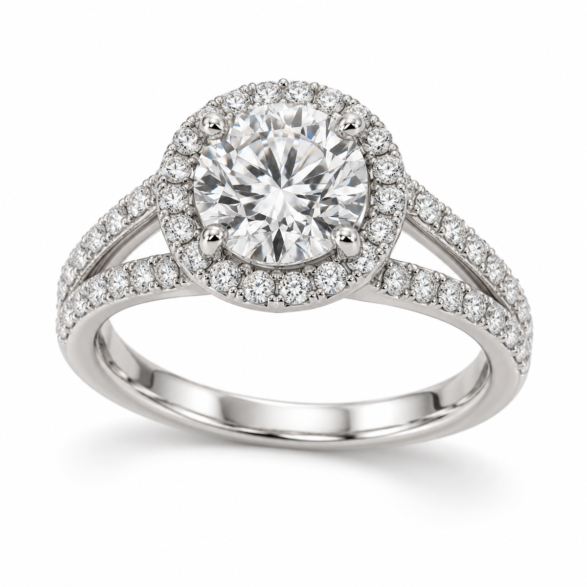 Illustrative render — Round Split Shank Halo Lab-Grown Diamond Engagement Ring — main view