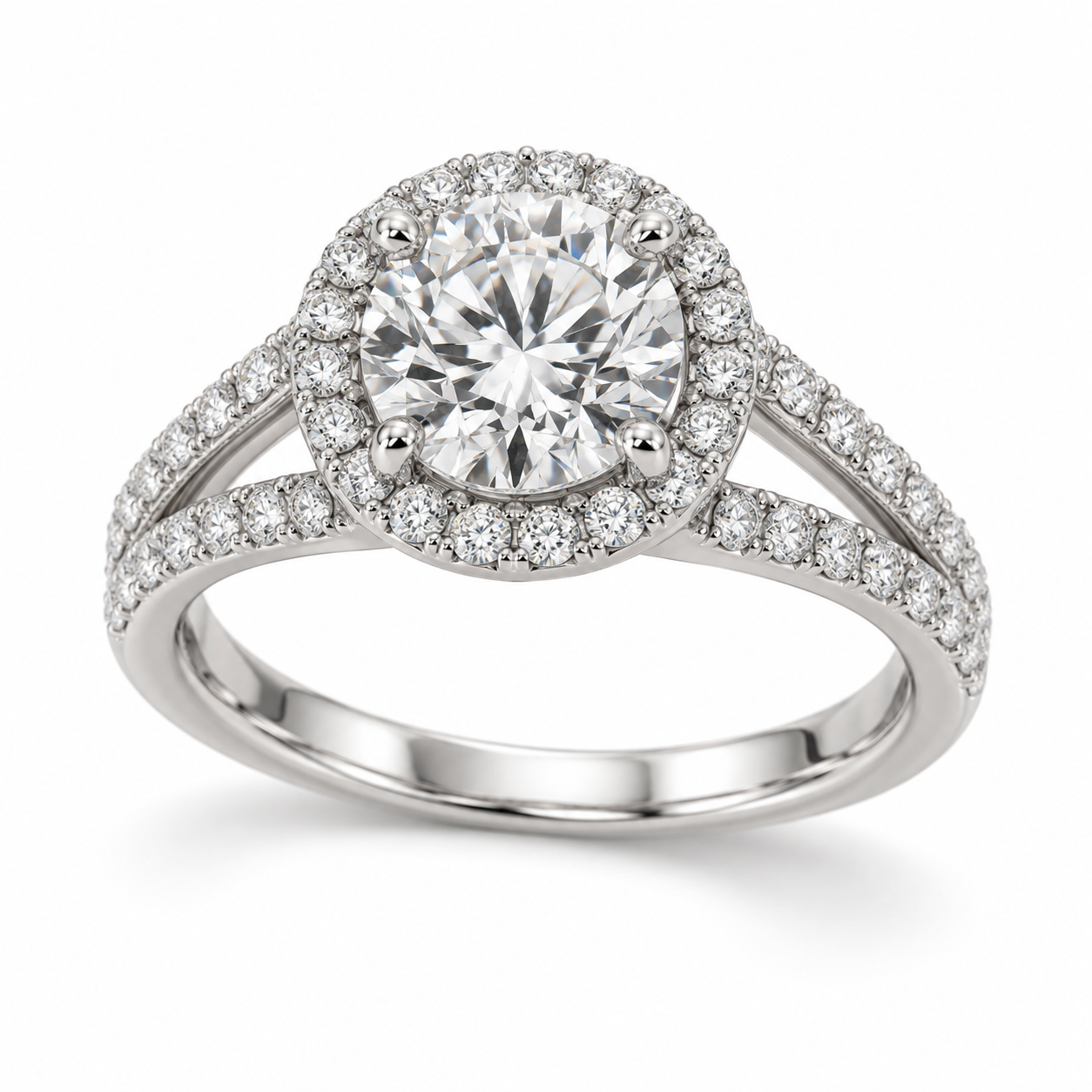 Illustrative render — Round Split Shank Halo Lab-Grown Diamond Engagement Ring — main view