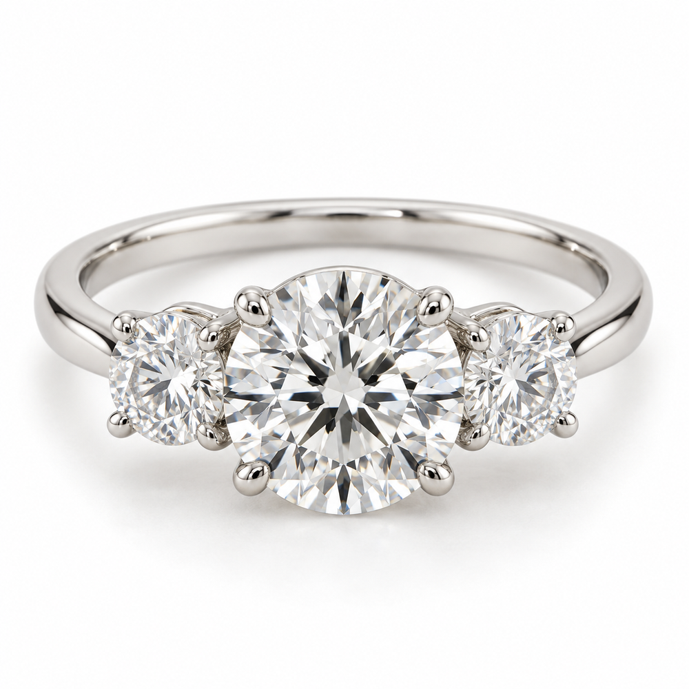 Illustrative render — Round Three-Stone Lab-Grown Diamond Engagement Ring — main view