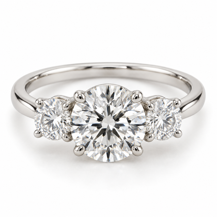 Illustrative render — Round Three-Stone Lab-Grown Diamond Engagement Ring — main view