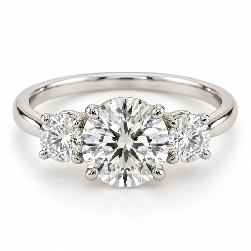 Illustrative render — Round Three-Stone Lab-Grown Diamond Engagement Ring — main view