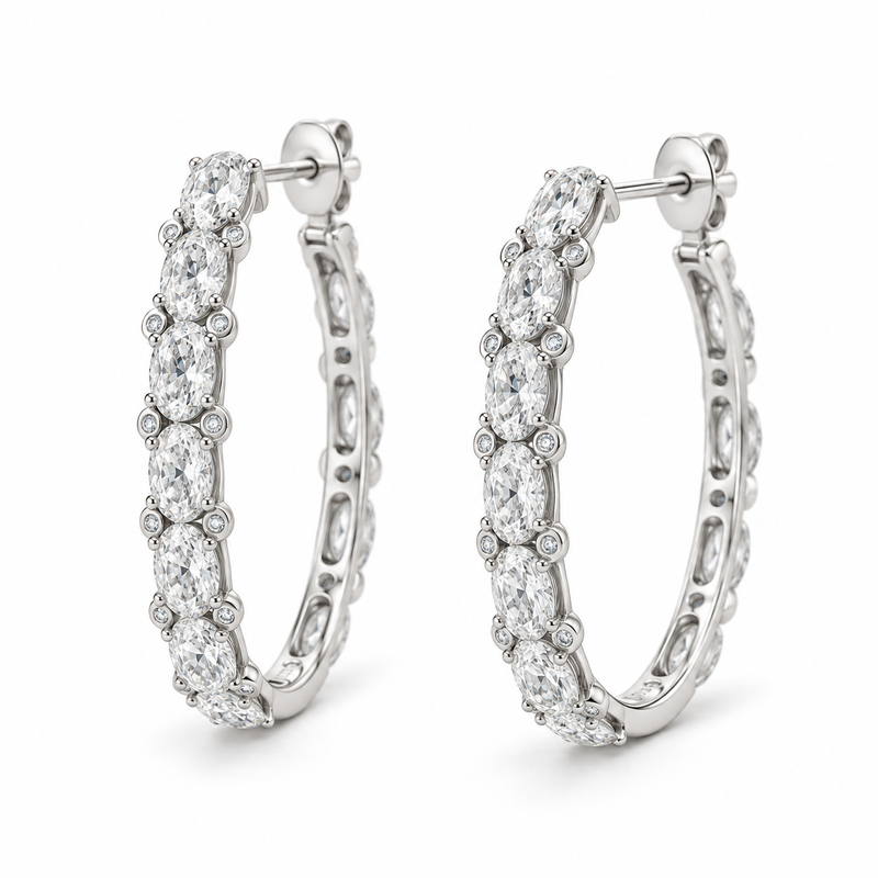 Oval & Round Accent Lab Diamond Hoops - 3.82 CTW in white metal — design rendering
