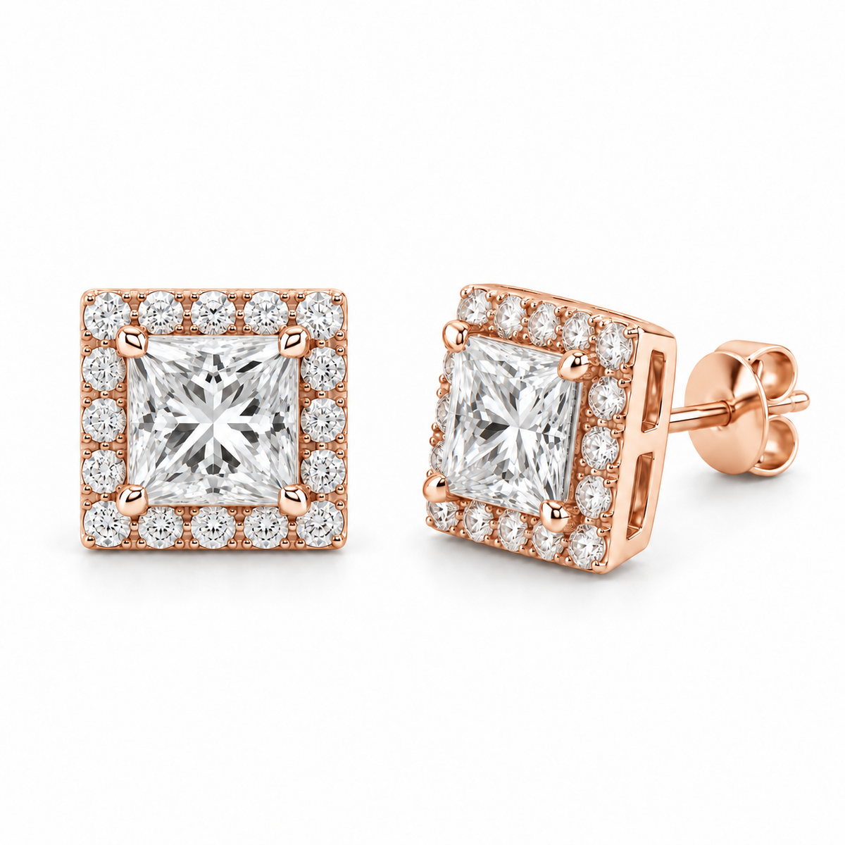 Princess Halo Lab Diamond Stud Earrings - 1.20 CTW in 14K Rose Gold — design rendering