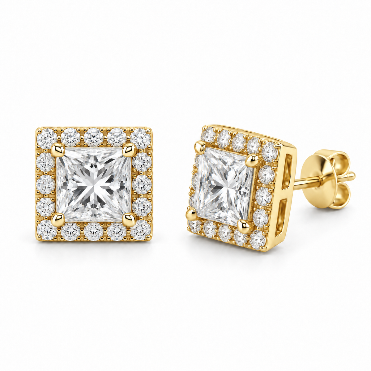 Princess Halo Lab Diamond Stud Earrings - 1.20 CTW in 14K Yellow Gold — design rendering
