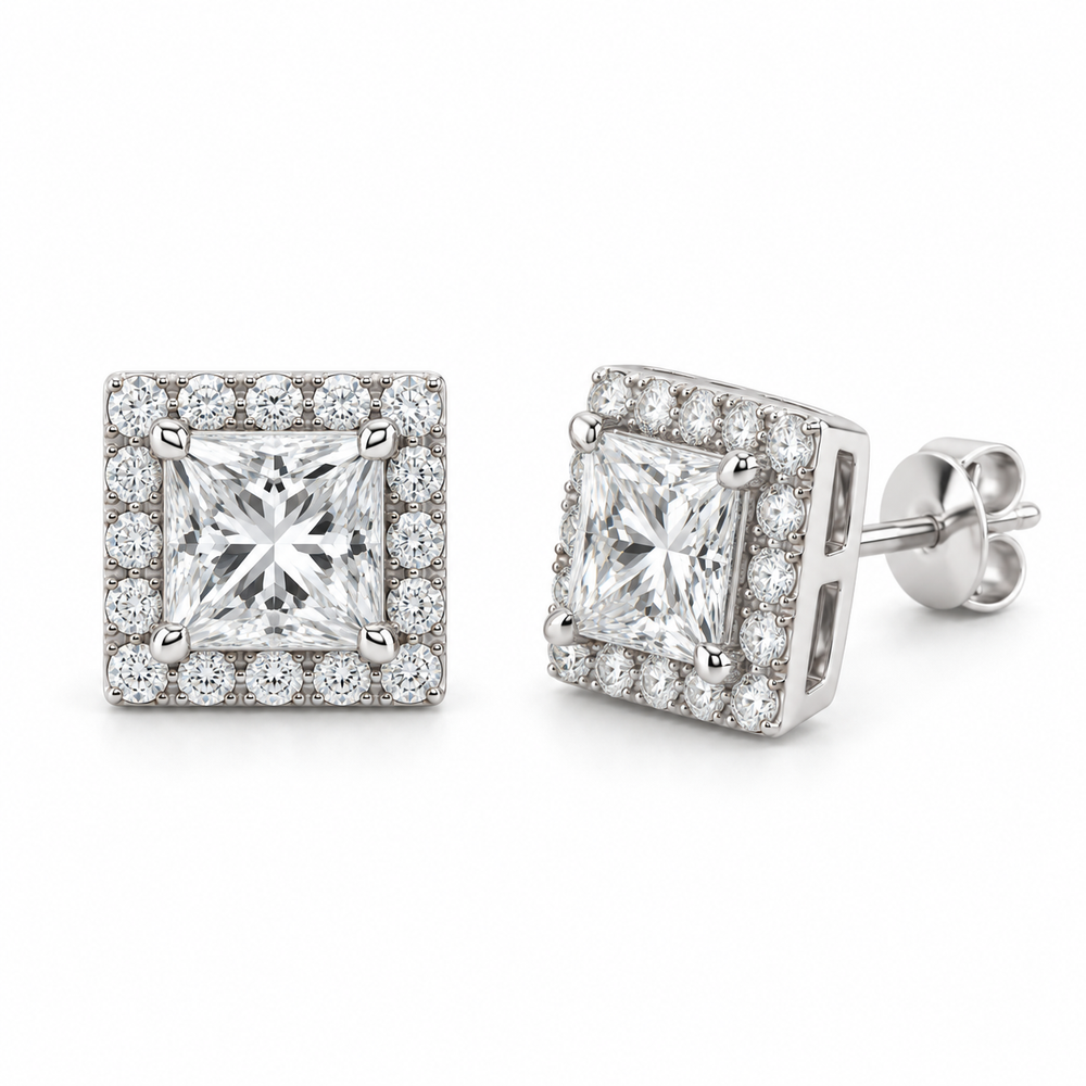 Princess Halo Lab Diamond Stud Earrings - 1.20 CTW in white metal — design rendering