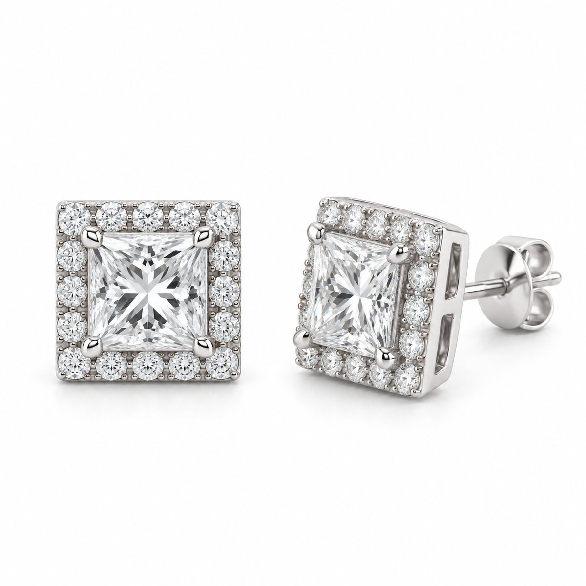 Princess Halo Lab Diamond Stud Earrings - 1.20 CTW in white metal — design rendering