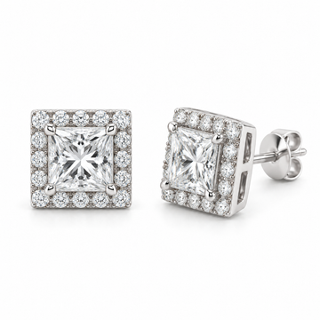 Princess Halo Lab Diamond Stud Earrings - 1.20 CTW in white metal — design rendering