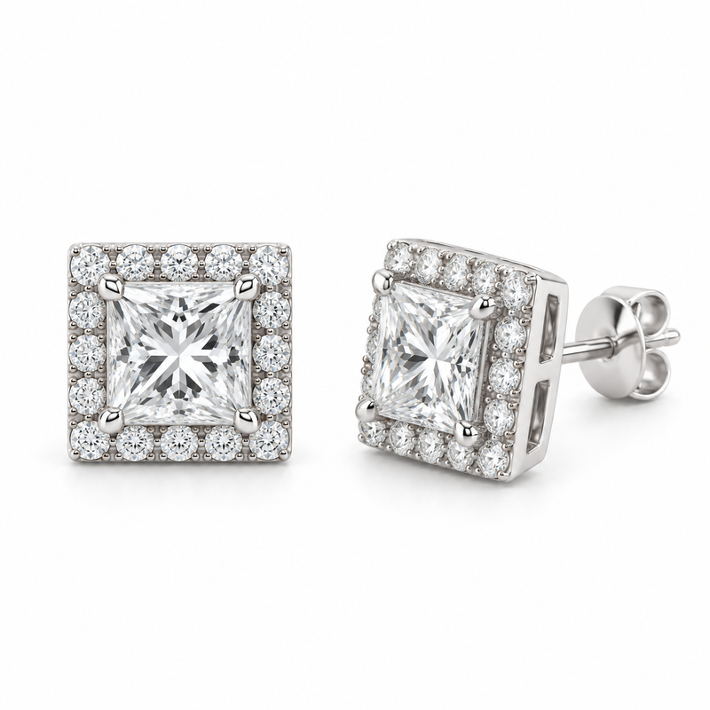 Princess Halo Lab Diamond Stud Earrings - 1.20 CTW in white metal — design rendering