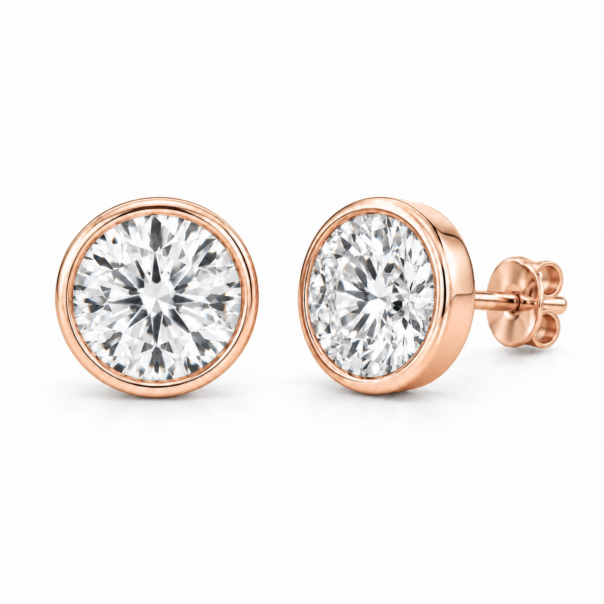 Round Bezel Lab Diamond Stud Earrings - 3 CTW in 14K Rose Gold — design rendering