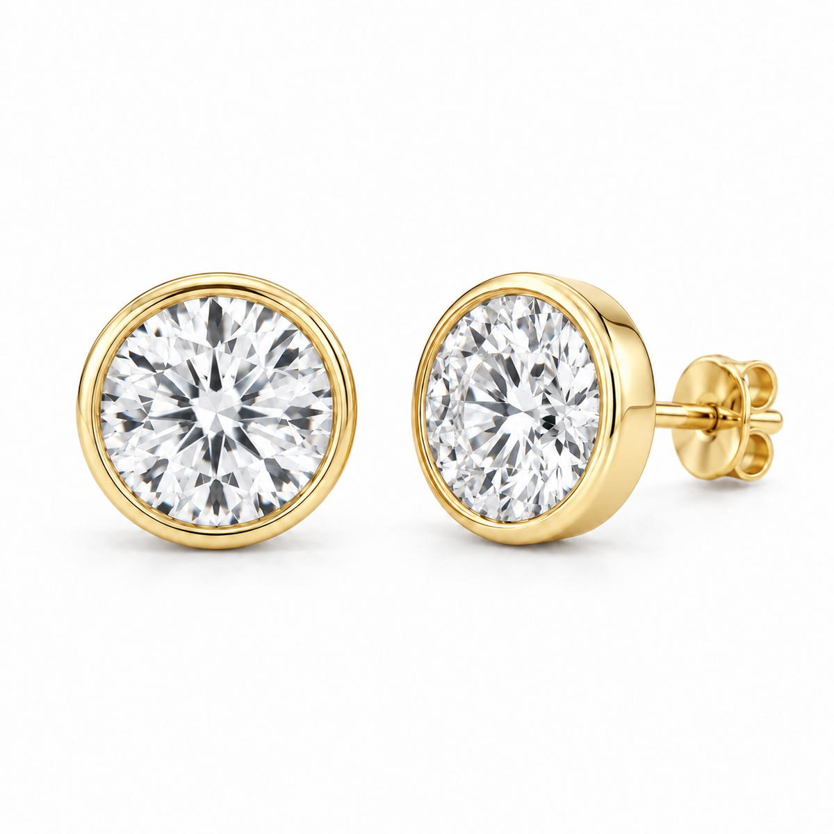 Round Bezel Lab Diamond Stud Earrings - 3 CTW in 14K Yellow Gold — design rendering