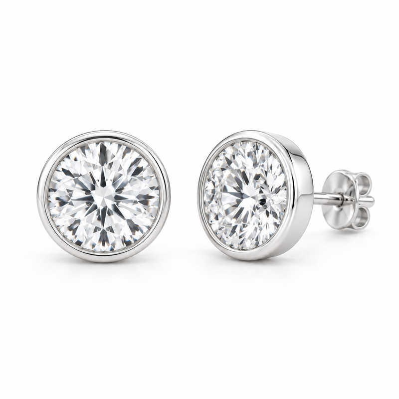 Round Bezel Lab Diamond Stud Earrings - 3 CTW in white metal — design rendering
