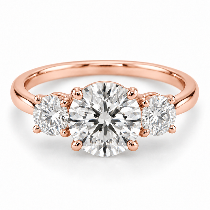 Illustrative render — Round Three-Stone Lab-Grown Diamond Engagement Ring — 14K Rose Gold — main view