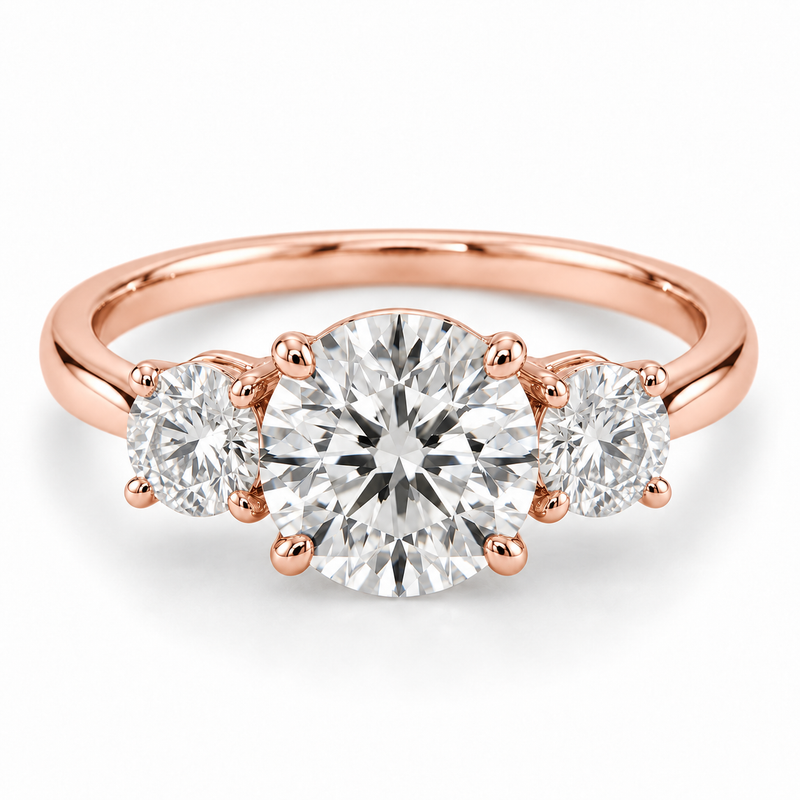 Illustrative render — Round Three-Stone Lab-Grown Diamond Engagement Ring — 14K Rose Gold — main view