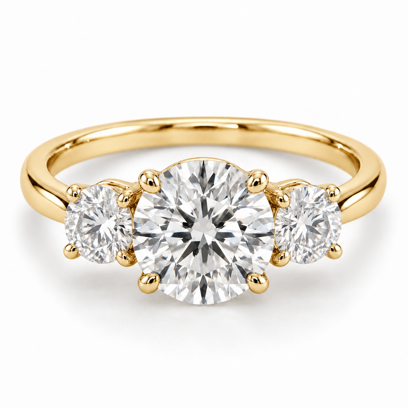 Illustrative render — Round Three-Stone Lab-Grown Diamond Engagement Ring — 14K Yellow Gold — main view