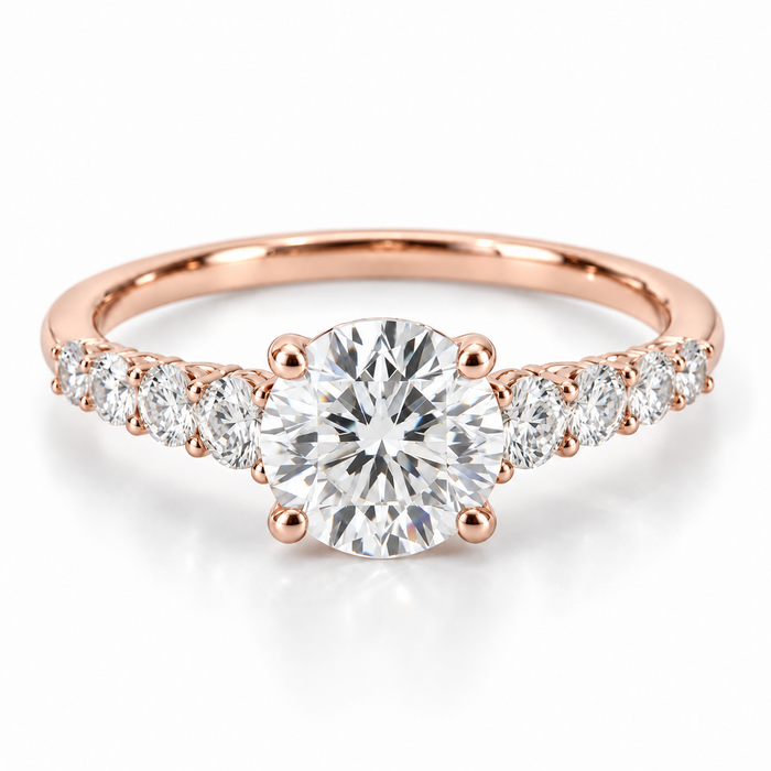Illustrative render — Round Graduated Lab-Grown Diamond Engagement Ring — 14K Rose Gold — main view