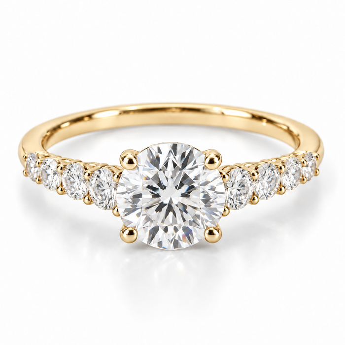 Illustrative render — Round Graduated Lab-Grown Diamond Engagement Ring — 14K Yellow Gold — main view