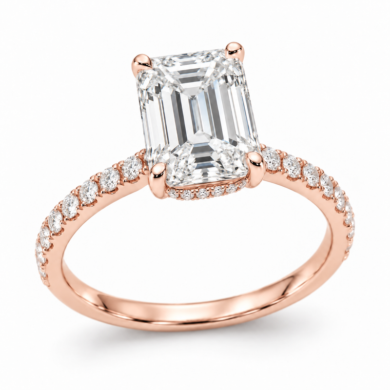 Illustrative render — Emerald Hidden Halo Lab-Grown Diamond Engagement Ring — 14K Rose Gold — main view
