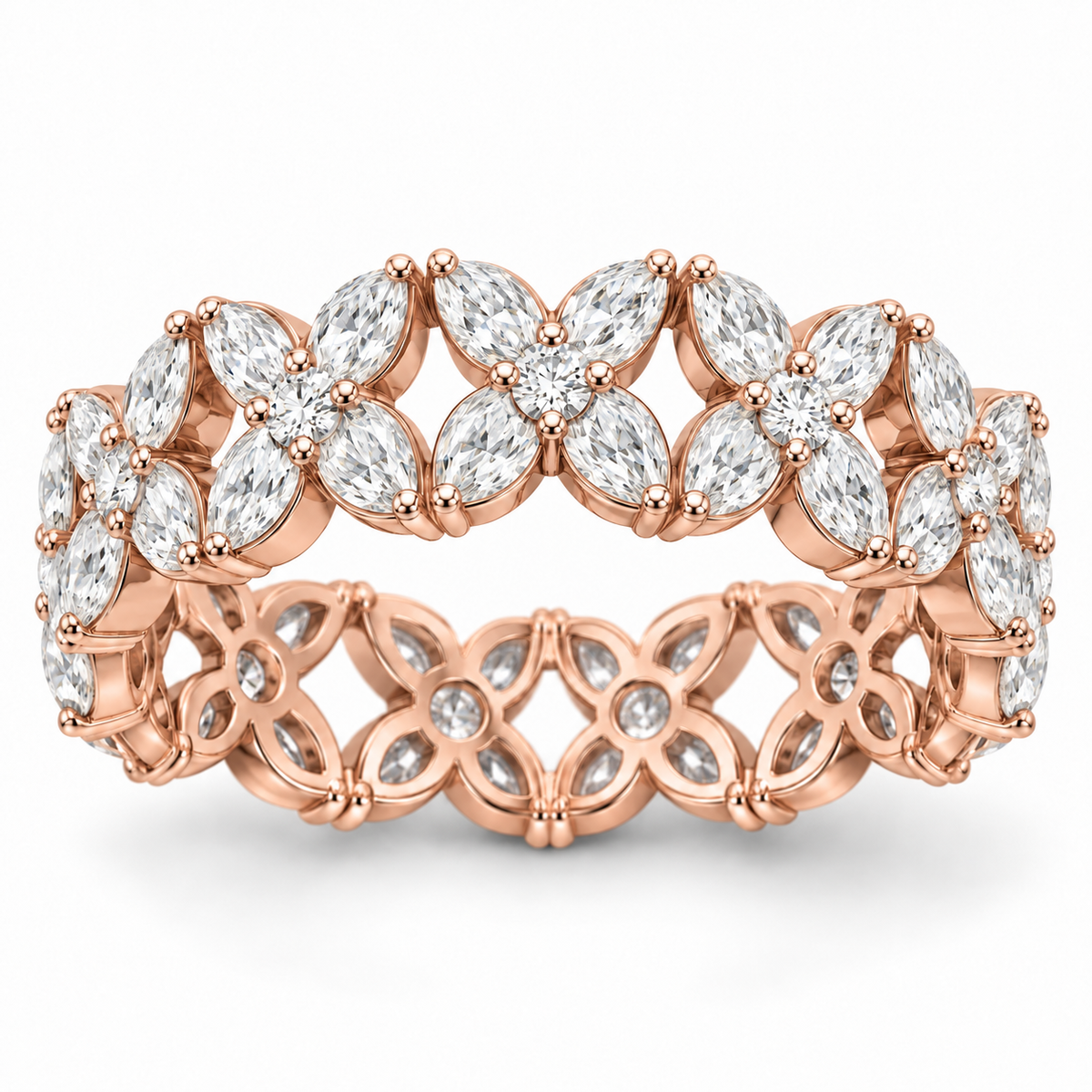 Marquise & Round Floral Lab-Grown Diamond Eternity Ring — 5 CTW in 14K Rose Gold — illustrative design rendering
