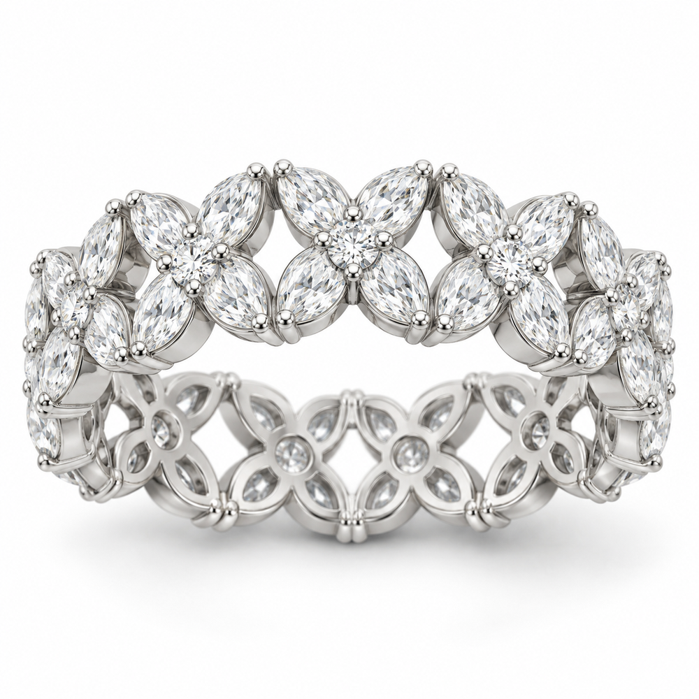 Marquise & Round Floral Lab-Grown Diamond Eternity Ring — 5 CTW in 14K White Gold — illustrative design rendering