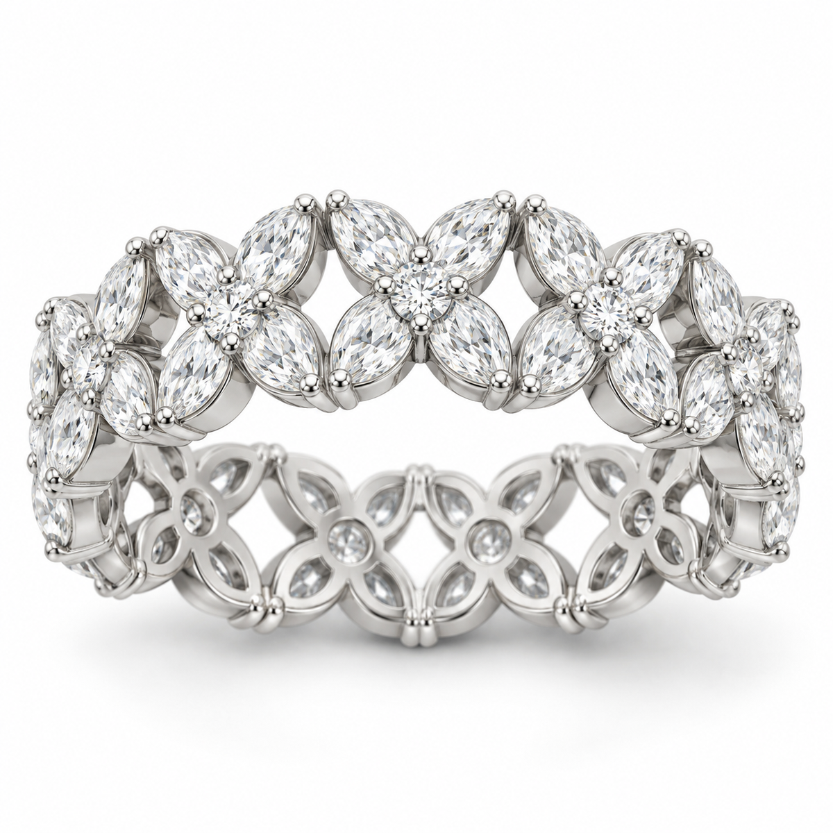 Marquise & Round Floral Lab-Grown Diamond Eternity Ring — 5 CTW in 14K White Gold — illustrative design rendering