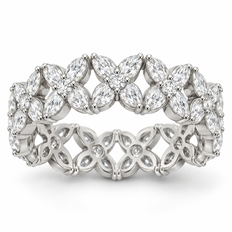 Marquise & Round Floral Lab-Grown Diamond Eternity Ring — 5 CTW in 14K White Gold — illustrative design rendering