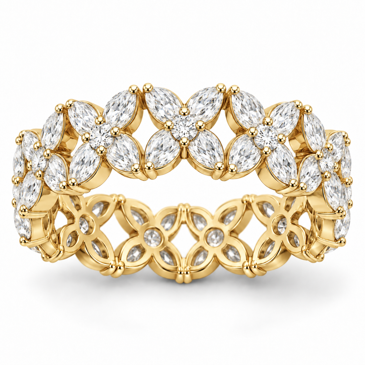 Marquise & Round Floral Lab-Grown Diamond Eternity Ring — 5 CTW in 14K Yellow Gold — illustrative design rendering
