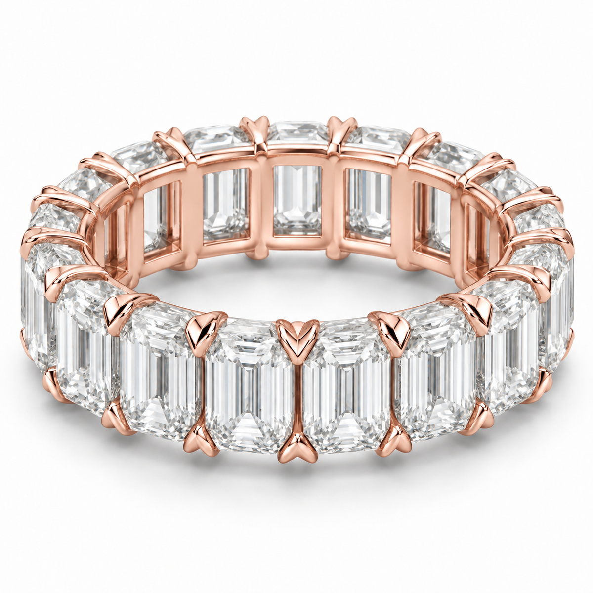 Emerald V-Prong Lab-Grown Diamond Eternity Ring — 12 CTW in 14K Rose Gold — illustrative design rendering