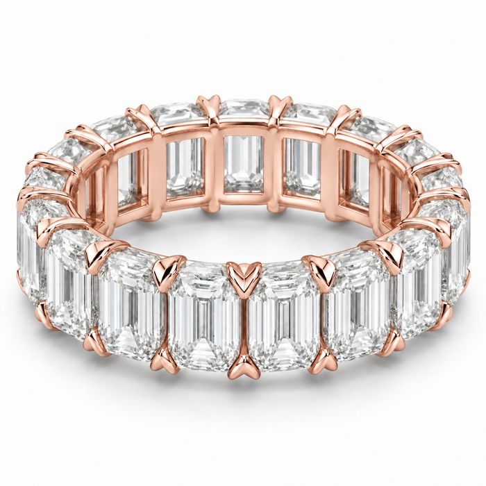Emerald V-Prong Lab-Grown Diamond Eternity Ring — 12 CTW in 14K Rose Gold — illustrative design rendering