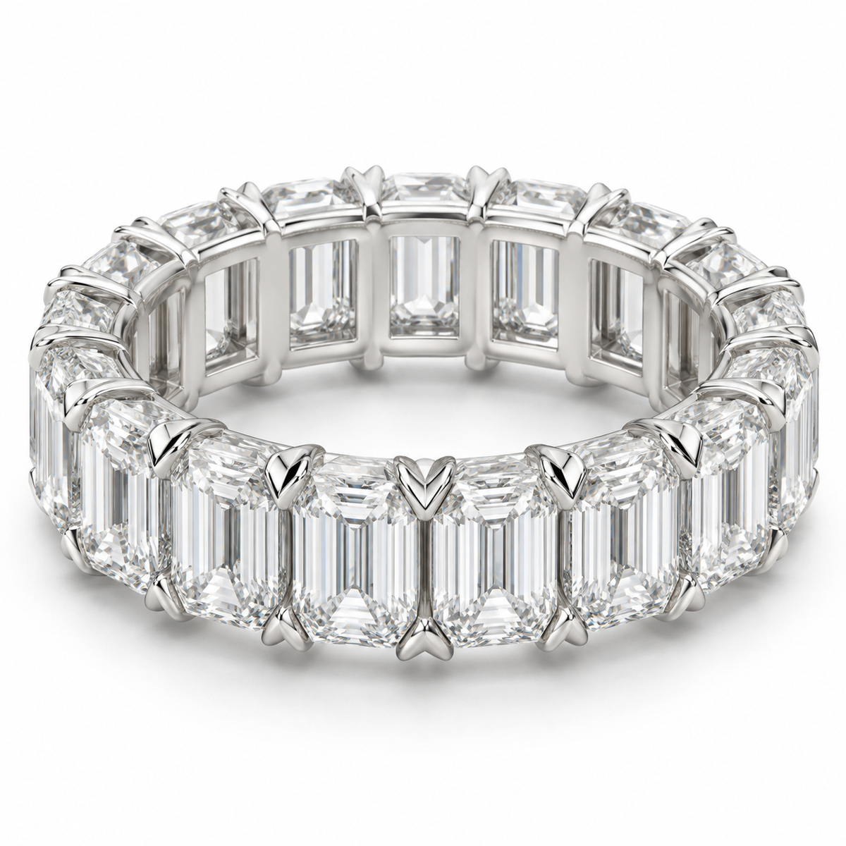 Emerald V-Prong Lab-Grown Diamond Eternity Ring — 12 CTW in 14K White Gold — illustrative design rendering