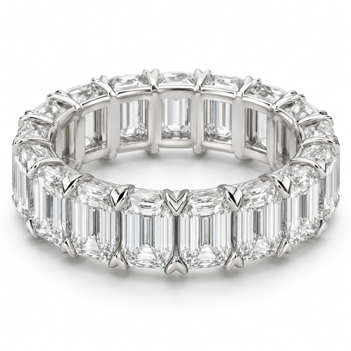 Emerald V-Prong Lab-Grown Diamond Eternity Ring — 12 CTW in 14K White Gold — illustrative design rendering