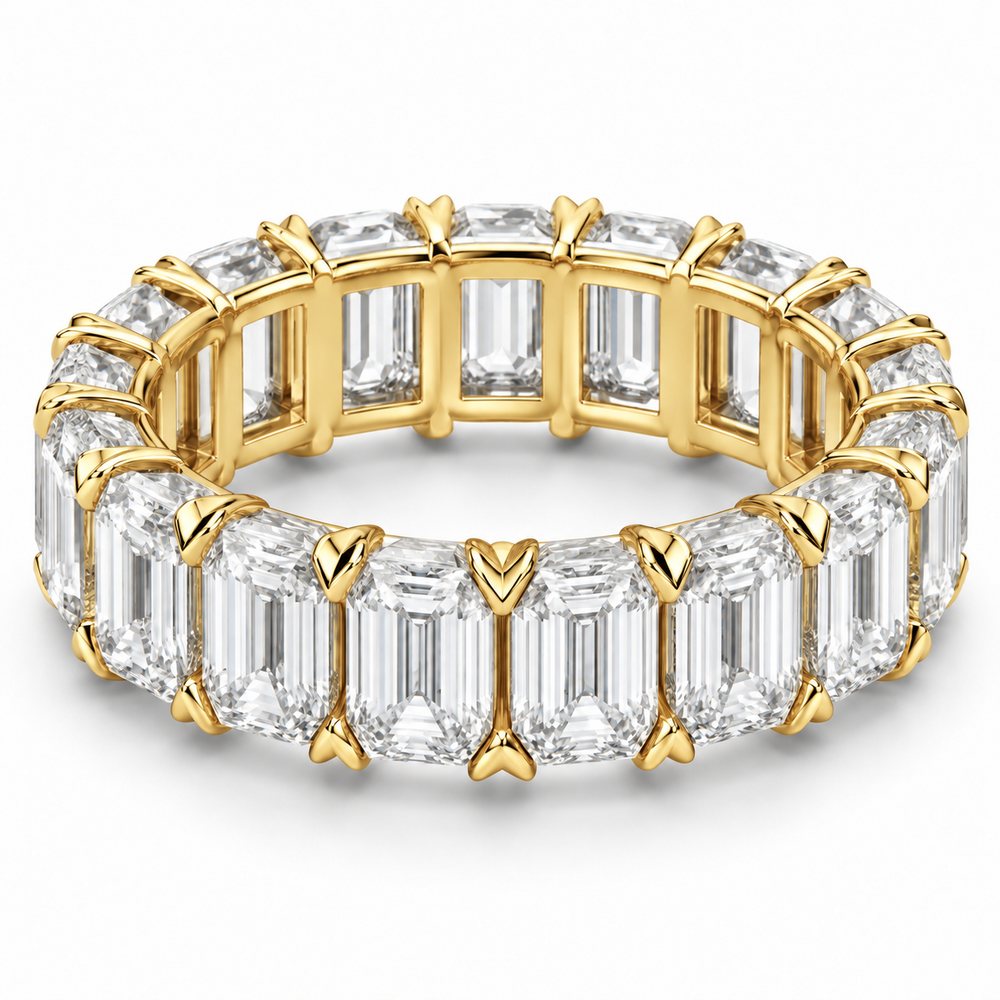 Emerald V-Prong Lab-Grown Diamond Eternity Ring — 12 CTW in 14K Yellow Gold — illustrative design rendering