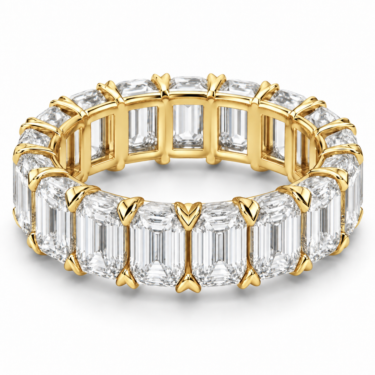 Emerald V-Prong Lab-Grown Diamond Eternity Ring — 12 CTW in 14K Yellow Gold — illustrative design rendering