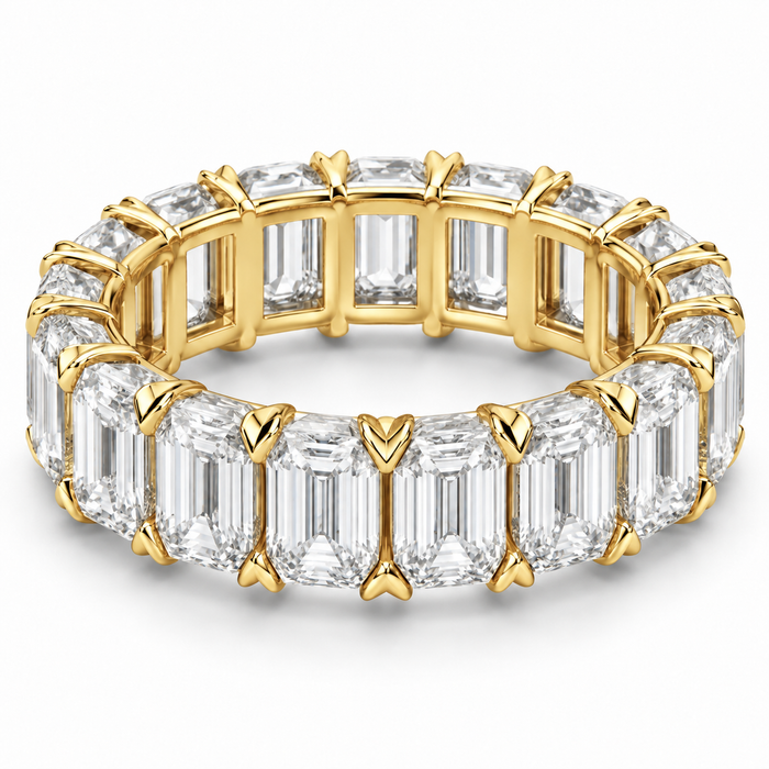 Emerald V-Prong Lab-Grown Diamond Eternity Ring — 12 CTW in 14K Yellow Gold — illustrative design rendering