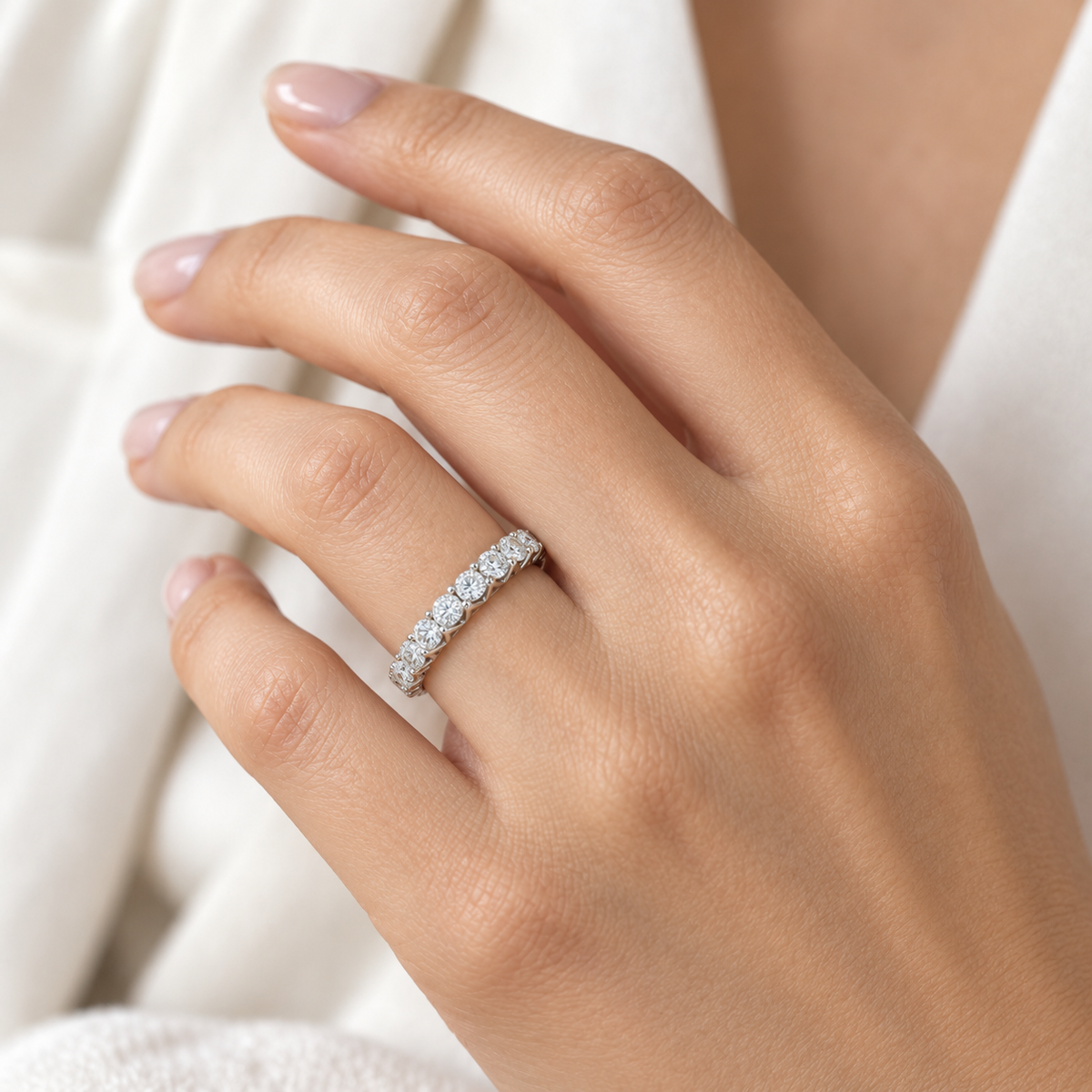 Round French Pavé Lab-Grown Diamond Eternity Ring — 2 CTW — 14K White Gold — on-hand view — illustrative rendering