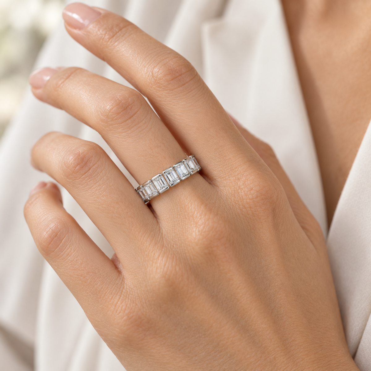 Emerald Half-Bezel Lab-Grown Diamond Eternity Ring — 3 CTW — 14K White Gold — on-hand view — illustrative rendering