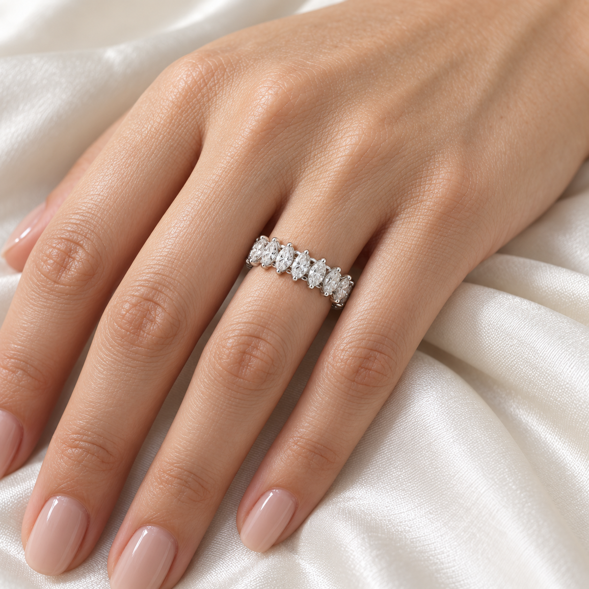Marquise Petal Lab-Grown Diamond Eternity Ring — 2 CTW — 14K White Gold — on-hand view — illustrative rendering