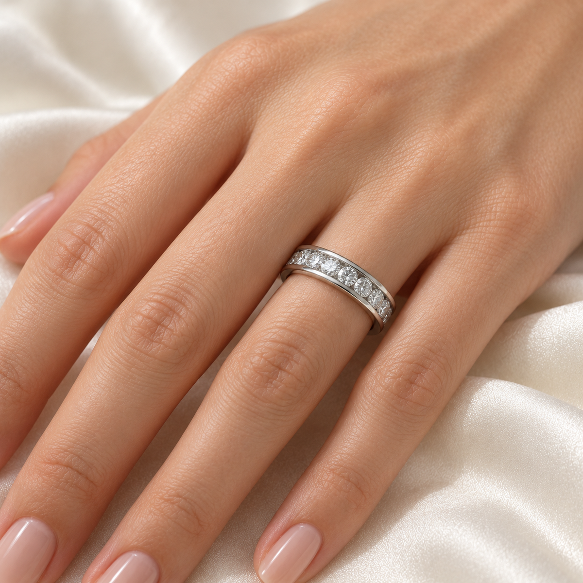 Round Channel Lab-Grown Diamond Eternity Ring — 2 CTW — 14K White Gold — on-hand view — illustrative rendering